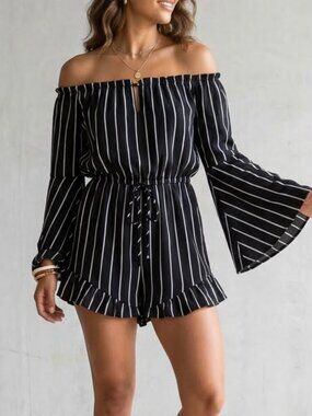 Emery‎ Rose Black White Striped Bardot Romper Shorts Flare Sleeve Size M